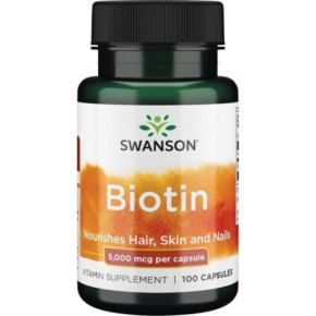 SWANSON Biotin Nourishes Hair, Skin and Nails 5000 mcg Biotīns 100 kapsulas