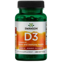 SWANSON Vitamin D3 Highest Potency 125 mcg (5,000 IU) D3 vitamīns ar linsēklu eļļu 250 kapsulių