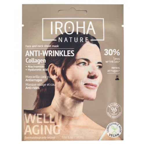 IROHA Cotton Face and Neck Mask Collagen Maska sejai un kaklam, intensīvai pretnovecošanās iedarbībai 30ml