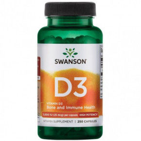 SWANSON High Potency Vitamin D3 1.000 IU (25mcg) Bone and Immune Health D3 vitamīns 250 kapsulių