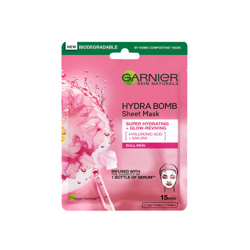 Garnier Hydra Bomb Sakura Sheet Mask Ādas mirdzumu atjaunojoša lokšņu maska 28g