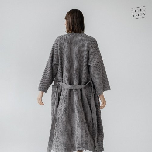 Linen Tales Dark Grey Linen & Cotton Honeycomb Waffle Bathrobe Unisex Lina halāts S-M