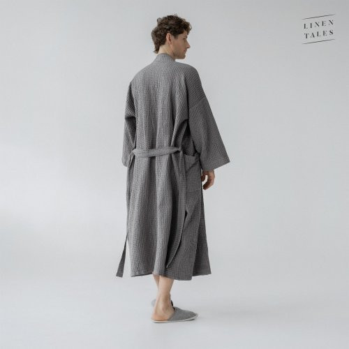 Linen Tales Dark Grey Linen & Cotton Honeycomb Waffle Bathrobe Unisex Lina halāts S-M