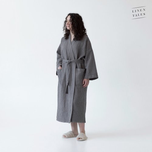 Linen Tales Dark Grey Linen & Cotton Honeycomb Waffle Bathrobe Unisex Lina halāts S-M