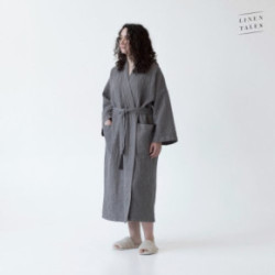 Linen Tales Dark Grey Linen & Cotton Honeycomb Waffle Bathrobe Unisex Lina halāts S-M