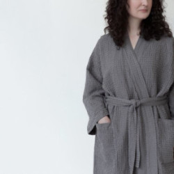 Linen Tales Dark Grey Linen & Cotton Honeycomb Waffle Bathrobe Unisex Lina halāts S-M