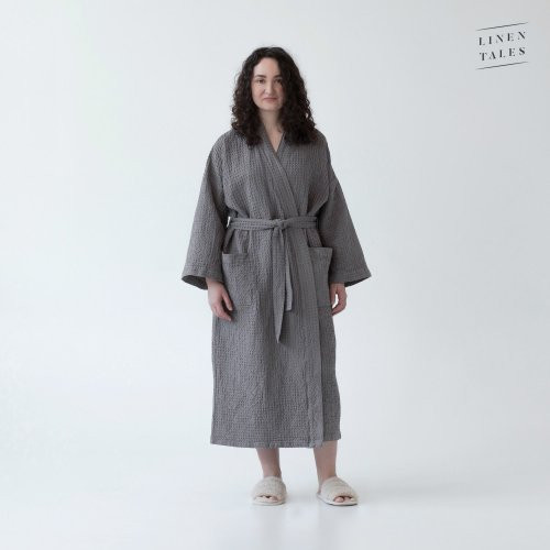 Linen Tales Dark Grey Linen & Cotton Honeycomb Waffle Bathrobe Unisex Lina halāts S-M