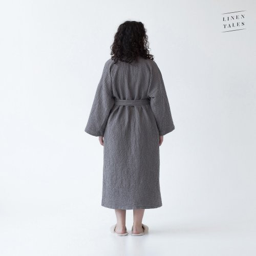 Linen Tales Dark Grey Linen & Cotton Honeycomb Waffle Bathrobe Unisex Lina halāts S-M