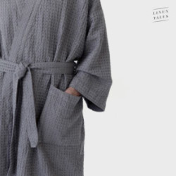 Linen Tales Dark Grey Linen & Cotton Honeycomb Waffle Bathrobe Unisex Lina halāts S-M