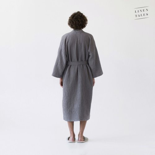 Linen Tales Dark Grey Linen & Cotton Honeycomb Waffle Bathrobe Unisex Lina halāts S-M