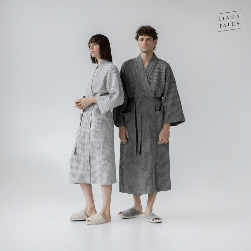 Linen Tales Light Grey Linen & Cotton Honeycomb Waffle Bathrobe Unisex Lina halāts S-M