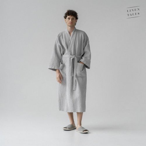 Linen Tales Light Grey Linen & Cotton Honeycomb Waffle Bathrobe Unisex Lina halāts S-M