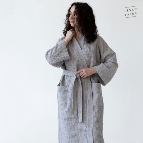 Linen Tales Light Grey Linen & Cotton Honeycomb Waffle Bathrobe Unisex Lina halāts S-M