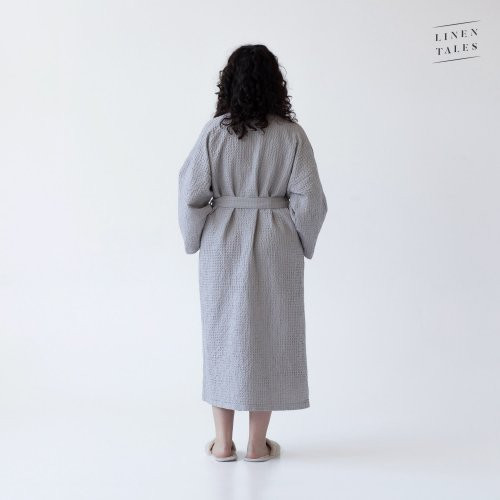 Linen Tales Light Grey Linen & Cotton Honeycomb Waffle Bathrobe Unisex Lina halāts S-M