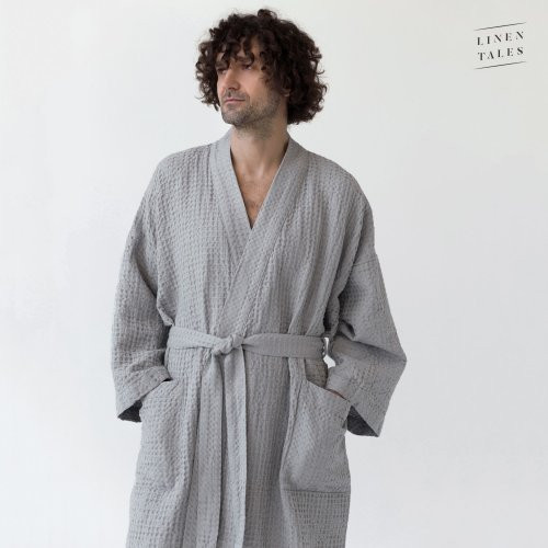 Linen Tales Light Grey Linen & Cotton Honeycomb Waffle Bathrobe Unisex Lina halāts S-M