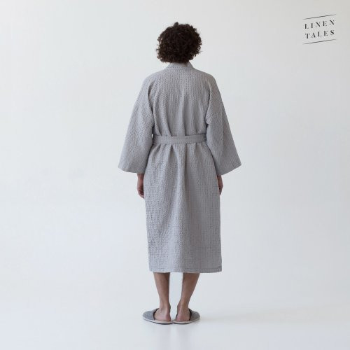 Linen Tales Light Grey Linen & Cotton Honeycomb Waffle Bathrobe Unisex Lina halāts S-M