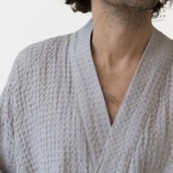 Linen Tales Light Grey Linen & Cotton Honeycomb Waffle Bathrobe Unisex Lina halāts S-M