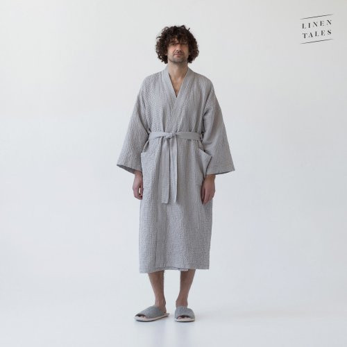 Linen Tales Light Grey Linen & Cotton Honeycomb Waffle Bathrobe Unisex Lina halāts S-M