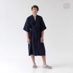 Linen Tales Bilberry Blue Linen Summer Bathrobe Unisex Lina halāts ar īsām piedurknēm S-M