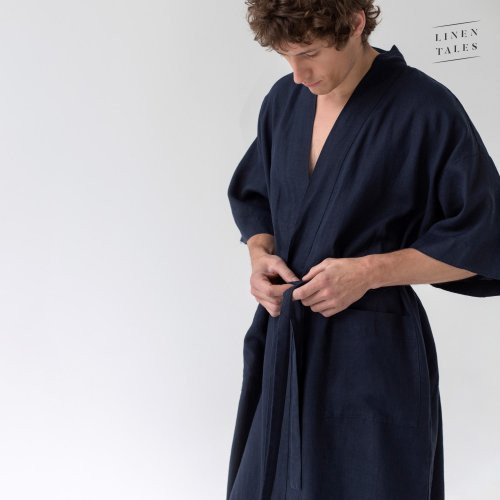 Linen Tales Bilberry Blue Linen Summer Bathrobe Unisex Lina halāts ar īsām piedurknēm S-M