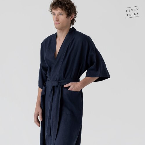 Linen Tales Bilberry Blue Linen Summer Bathrobe Unisex Lina halāts ar īsām piedurknēm S-M