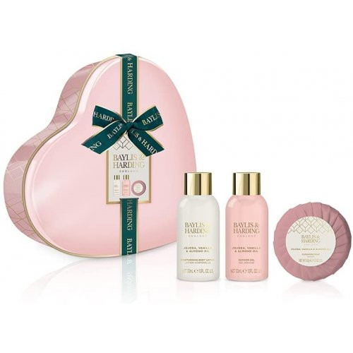 Baylis & Harding Jojoba, Vanilla & Almond Oil Luxury Heart Tin Gift Set Grezns ķermeņa kopšanas komplekts